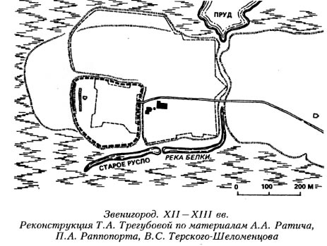 венигород. XII —XIII вв.Реконструкция Т.А. Трегубовой по материалам А.А. Ратина, П.А. Раппопорта, B.C. Терского-Шеломенцова